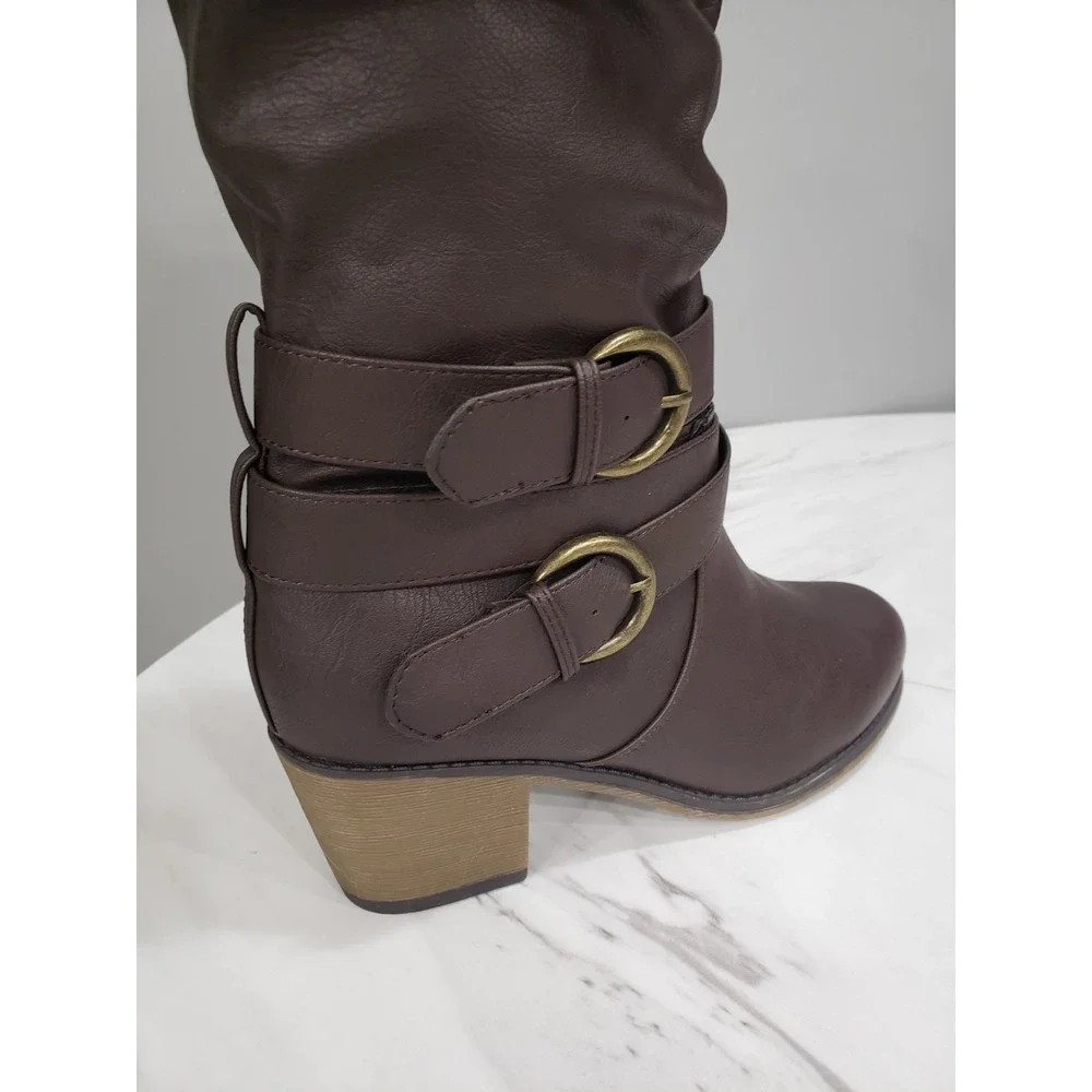 NEW‎ NO BOX Journee Collection Late Knee High Slouch Boot Brown Tall Block Heel